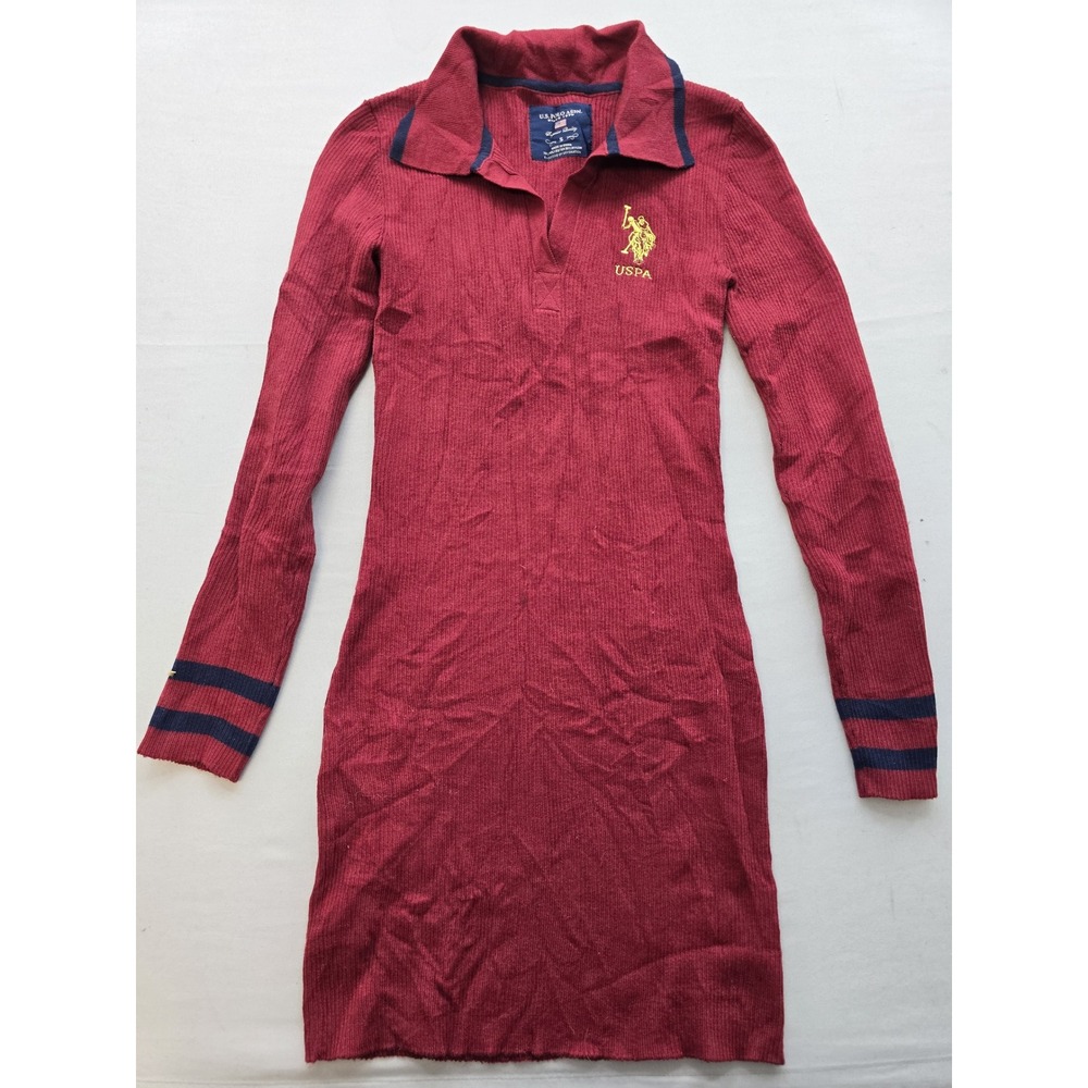 US Polo Assn Womens Ribbed Sweater Dress Burgundy Red Long Sleeve Mini Small